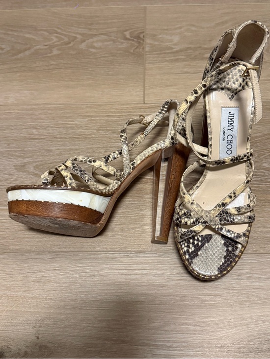 Jimmy Choo Shoes - Jimmy Choo Snake-Print Strappy Platform Sandals in Beige and Brown